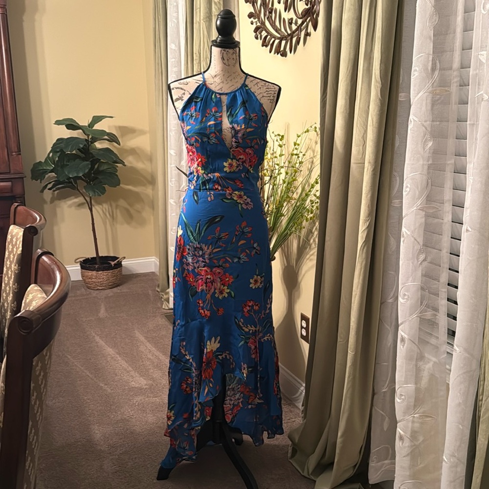 NWT Parker Davina Halter Dress Blue Silk Zinnia Floral Keyhole Hi-Low in small.